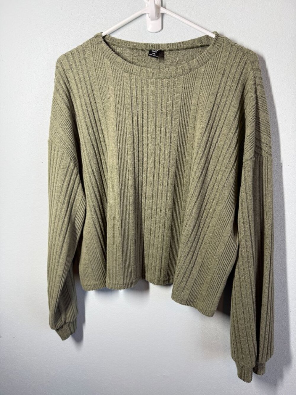 SHEIN Womens 1X Ribbed Knit Sweater Green Long Sleeve Crew Neck Cropped Casual